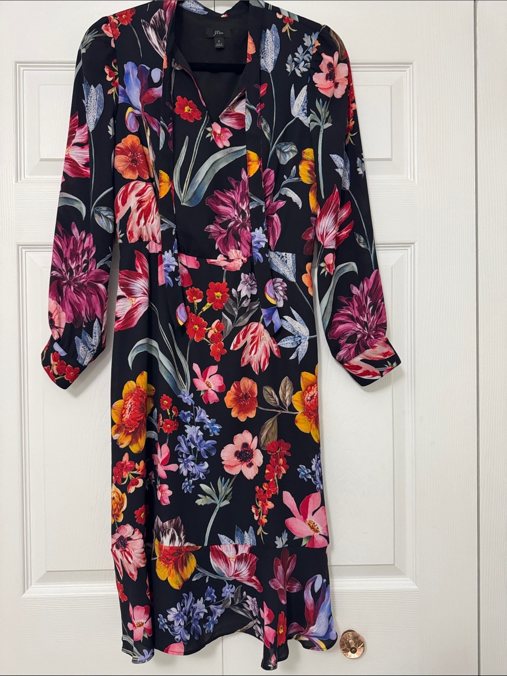 J. Crew Black Floral Long-Sleeve Midi Dress with Pink, Red and Yellow Blooms